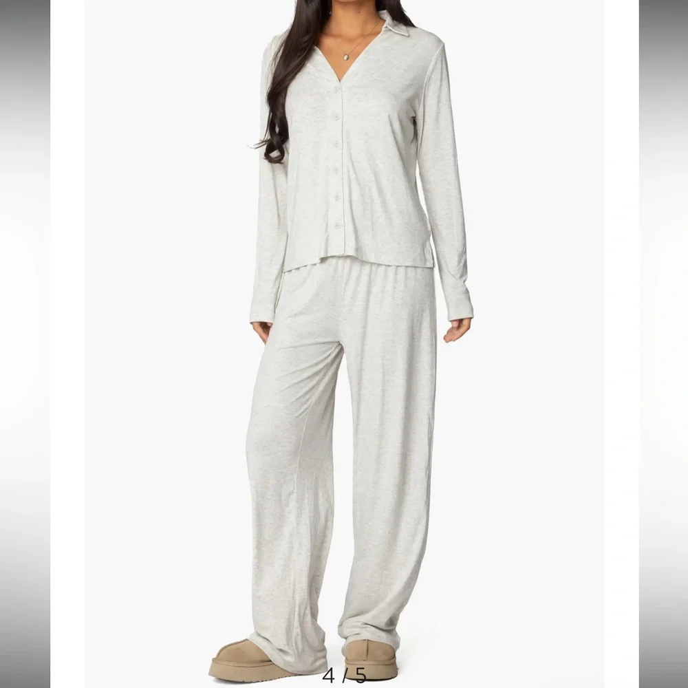 Edikted Light Heather Gray Wide Leg Pajama Pants - Picture 4 of 7